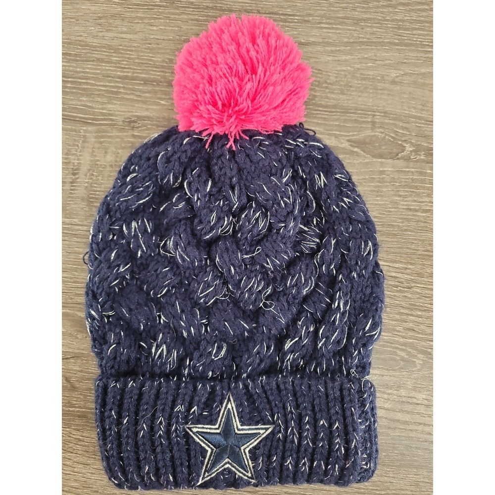Dallas Cowboys Womens Knit Beanie Hat Navy Blue Pink Pom Pom Metallicβ Thread